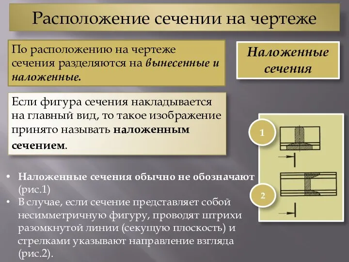 По расположению на чер­теже сечения разделяются на вынесенные и наложенные. Расположение сечении