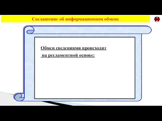 Соглашение об информационном обмене Обмен сведениями происходит на регламентной основе: 1. Определенные