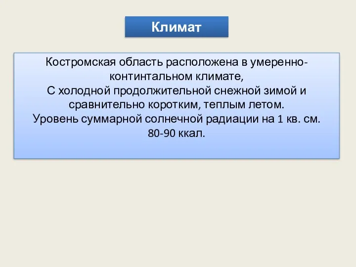 Климат Костромская область расположена в умеренно-континтальном климате, С холодной продолжительной снежной зимой