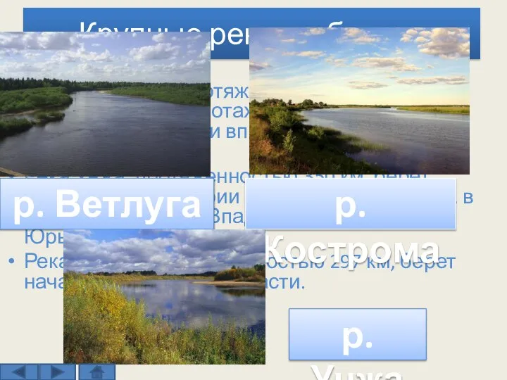 Крупные реки области Река Кострома, протяженностью 354 км, берет начало в болотах