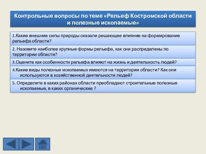 Контрольные вопросы по теме «Рельеф Костромской области и полезные ископаемые» 1.Какие внешние