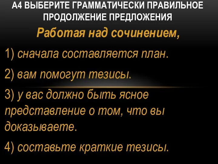 Работая над сочинением, 1) сначала составляется план. 2) вам помогут тезисы. 3)