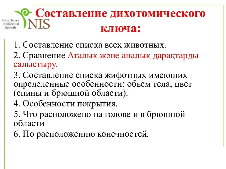 Составление дихотомического ключа: 1. Составление списка всех животных. 2. Сравнение Аталық және