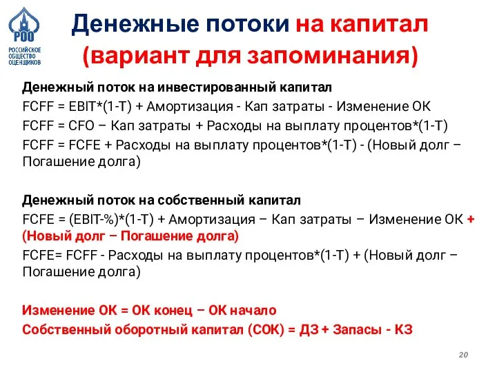 Денежный поток на инвестированный капитал FCFF = EBIT*(1-Т) + Амортизация - Кап