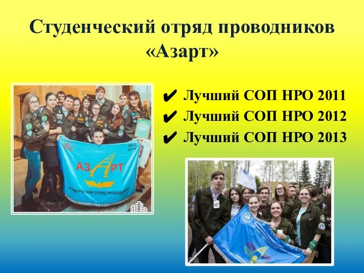 Студенческий отряд проводников «Азарт» Лучший СОП НРО 2011 Лучший СОП НРО 2012 Лучший СОП НРО 2013