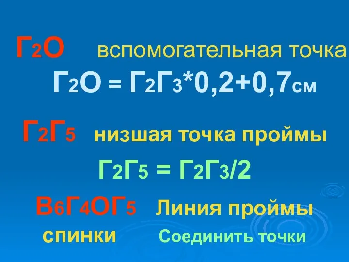 Г2О вспомогательная точка Г2О = Г2Г3*0,2+0,7см Г2Г5 низшая точка проймы Г2Г5 =