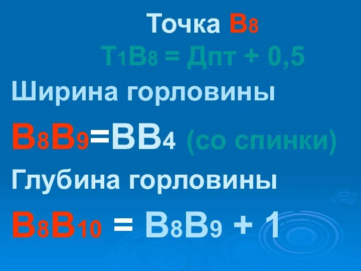 Точка В8 Т1В8 = Дпт + 0,5 Ширина горловины В8В9=ВВ4 (со спинки)