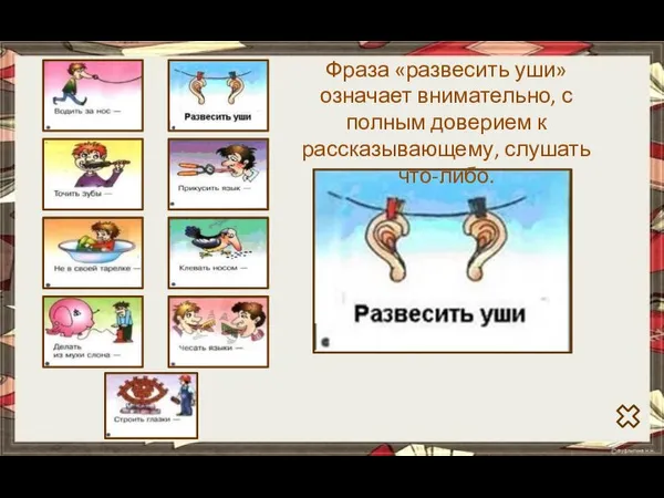 Фраза «развесить уши» означает внимательно, с полным доверием к рассказывающему, слушать что-либо.