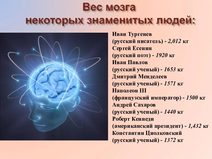 Иван Тургенев (русский писатель) - 2,012 кг Сергей Есенин (русский поэт) -