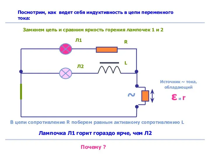 Посмотрим, как ведет себя индуктивность в цепи переменного тока: ~ Источник ~