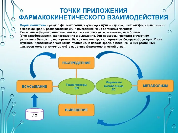 ТОЧКИ ПРИЛОЖЕНИЯ ФАРМАКОКИНЕТИЧЕСКОГО ВЗАИМОДЕЙСТВИЯ Фармакокинетика – раздел фармакологии, изучающий пути введения, биотрансформацию,