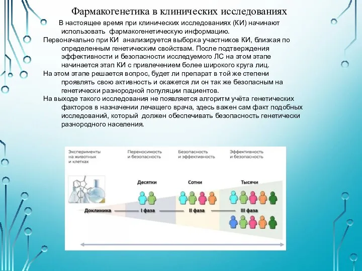 Фармакогенетика в клинических исследованиях В настоящее время при клинических исследованиях (КИ) начинают