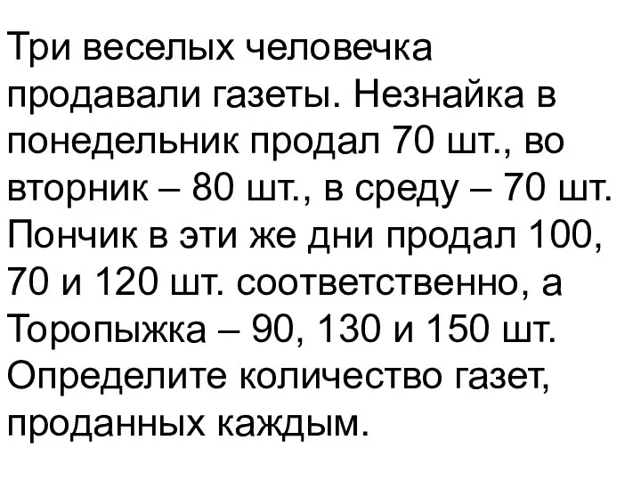 Три веселых человечка продавали газеты. Незнайка в понедельник продал 70 шт., во