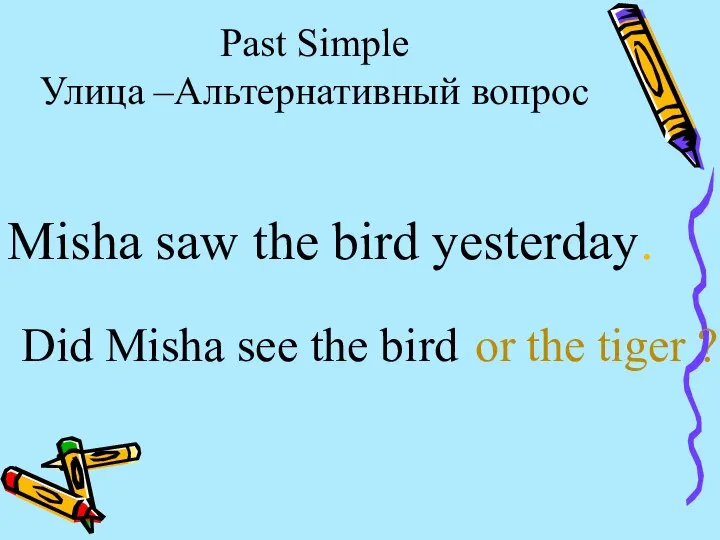 Misha saw the bird yesterday. Past Simple Улица –Альтернативный вопрос Did Misha