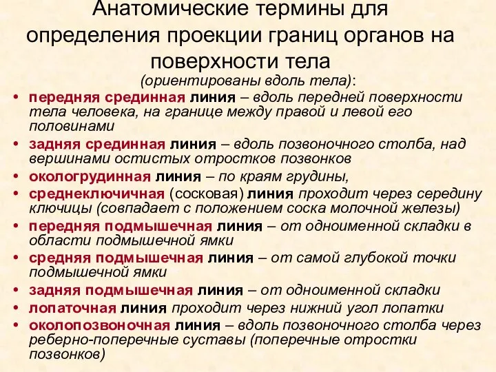 (ориентированы вдоль тела): Анатомические термины для определения проекции границ органов на поверхности