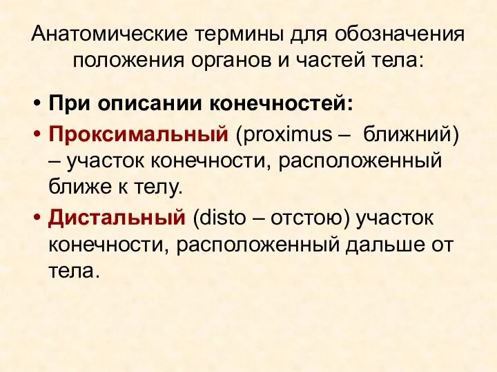 Анатомические термины для обозначения положения органов и частей тела: При описании конечностей: