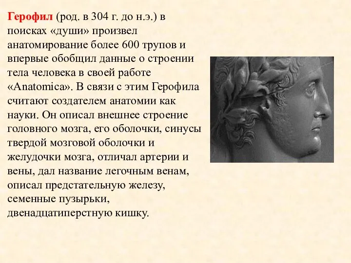 Герофил (род. в 304 г. до н.э.) в поисках «души» произвел анатомирование