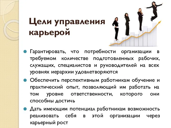 Цели управления карьерой Гарантировать, что потребности организации в требуемом количестве подготовленных рабочих,