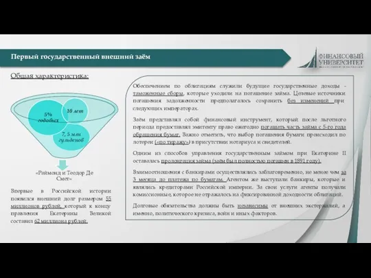 Первый государственный внешний заём Общая характеристика: Обеспечением по облигациям служили будущие государственные