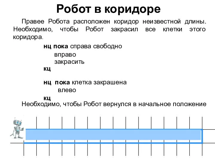 Робот в коридоре Правее Робота расположен коридор неизвестной длины. Необходимо, чтобы Робот