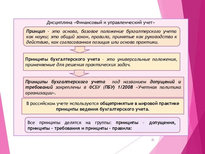 Дисциплина «Финансовый и управленческий учет» Принцип – это основа, базовое положение бухгалтерского