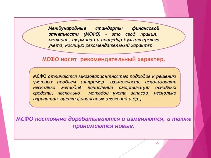 МСФО носят рекомендательный характер. МСФО постоянно дорабатываются и изменяются, а также принимаются