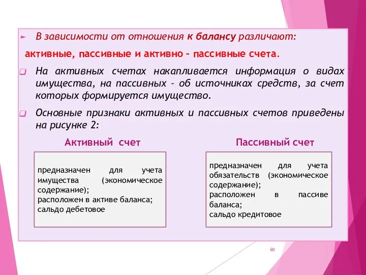 В зависимости от отношения к балансу различают: активные, пассивные и активно –