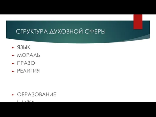 СТРУКТУРА ДУХОВНОЙ СФЕРЫ ЯЗЫК МОРАЛЬ ПРАВО РЕЛИГИЯ ОБРАЗОВАНИЕ НАУКА ИСКУССТВО ФИЛОСОФИЯ