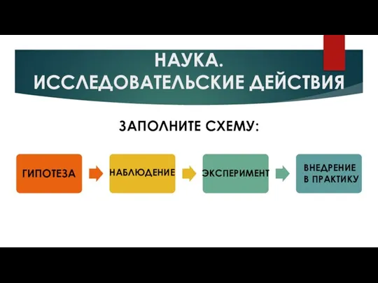 НАУКА. ИССЛЕДОВАТЕЛЬСКИЕ ДЕЙСТВИЯ ЗАПОЛНИТЕ СХЕМУ: ГИПОТЕЗА НАБЛЮДЕНИЕ ЭКСПЕРИМЕНТ ВНЕДРЕНИЕ В ПРАКТИКУ