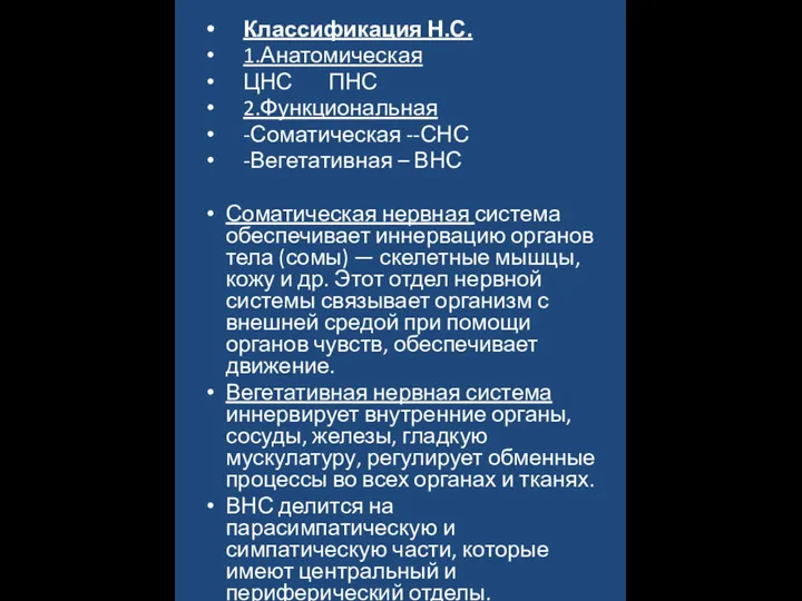 Классификация Н.С. 1.Анатомическая ЦНС ПНС 2.Функциональная -Соматическая --СНС -Вегетативная – ВНС Соматическая