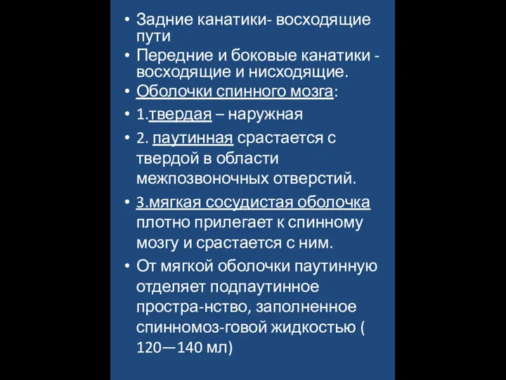 Задние канатики- восходящие пути Передние и боковые канатики - восходящие и нисходящие.