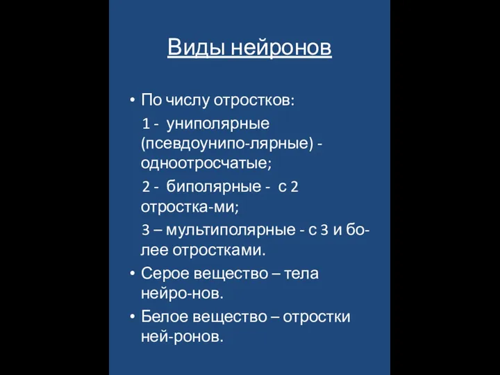 Виды нейронов По числу отростков: 1 - униполярные (псевдоунипо-лярные) - одноотросчатые; 2