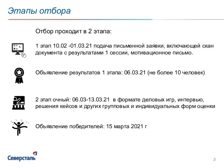 Этапы отбора Отбор проходит в 2 этапа: 1 этап 10.02 -01.03.21 подача