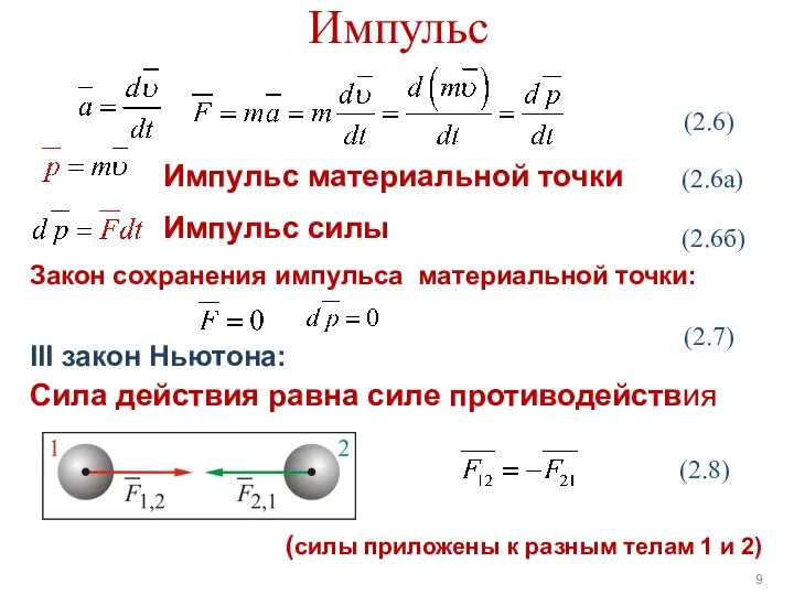 Импульс Импульс материальной точки Закон сохранения импульса материальной точки: III закон Ньютона: