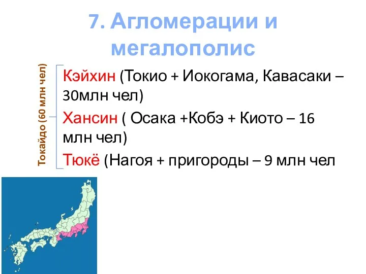 7. Агломерации и мегалополис Кэйхин (Токио + Иокогама, Кавасаки – 30млн чел)