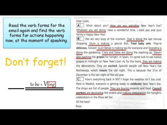 Read the verb forms for the email again and find the verb
