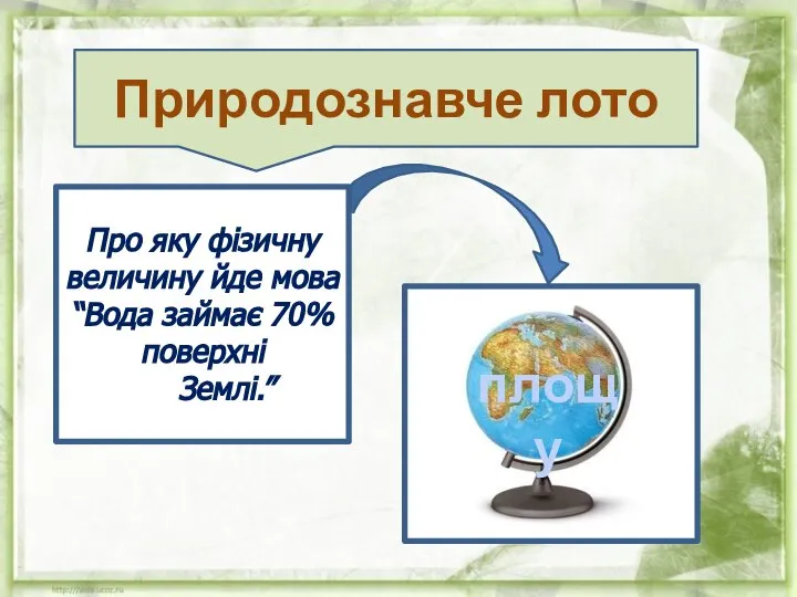 Про яку фізичну величину йде мова “Вода займає 70% поверхні Землі.” Природознавче лото площу