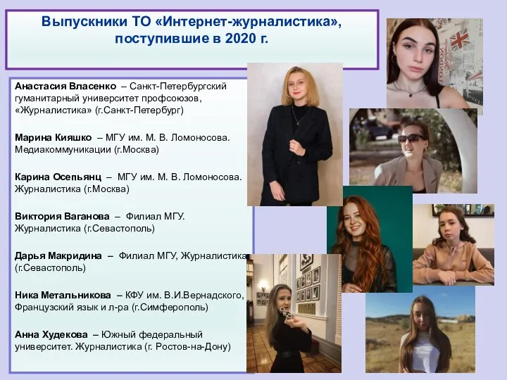 Выпускники ТО «Интернет-журналистика», поступившие в 2020 г. Анастасия Власенко – Санкт-Петербургский гуманитарный