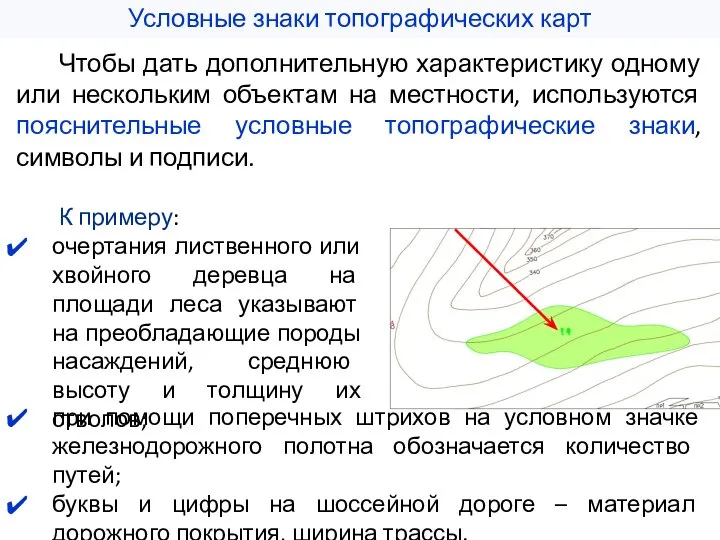 Условные знаки топографических карт Чтобы дать дополнительную характеристику одному или нескольким объектам