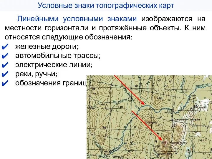 Условные знаки топографических карт Линейными условными знаками изображаются на местности горизонтали и