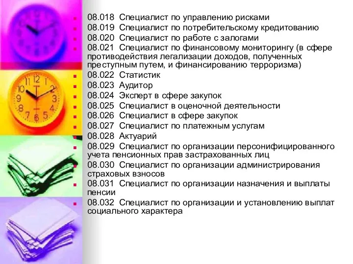 08.018 Специалист по управлению рисками 08.019 Специалист по потребительскому кредитованию 08.020 Специалист