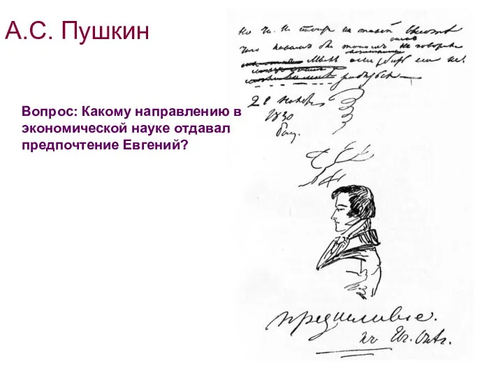 А.С. Пушкин Вопрос: Какому направлению в экономической науке отдавал предпочтение Евгений?