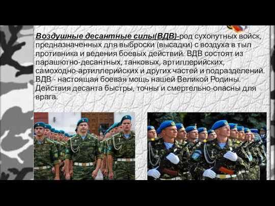 Воздушные десантные силы(ВДВ)-род сухопутных войск, предназначенных для выброски (высадки) с воздуха в