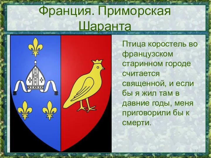 Франция. Приморская Шаранта Птица коростель во французском старинном городе считается священной, и