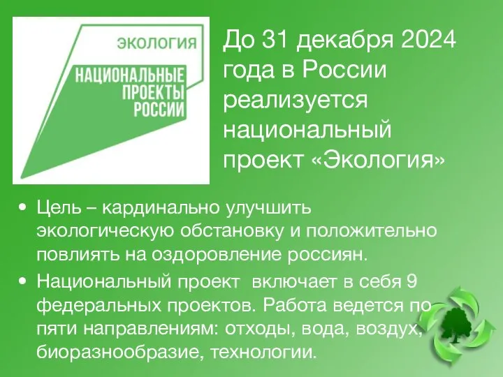 До 31 декабря 2024 года в России реализуется национальный проект «Экология» Цель