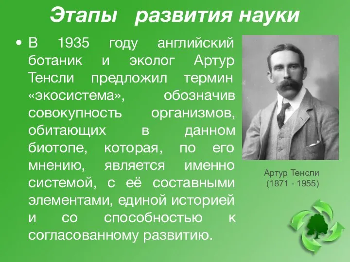 Этапы развития науки В 1935 году английский ботаник и эколог Артур Тенсли