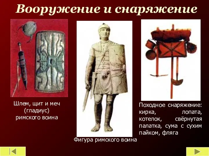 Вооружение и снаряжение Шлем, щит и меч (гладиус) римского воина Фигура римского