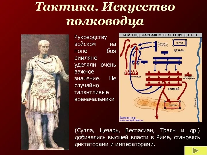 Тактика. Искусство полководца Гай Юлий Цезарь Руководству войском на поле боя римляне