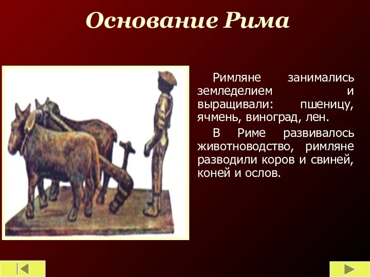 Основание Рима Римляне занимались земледелием и выращивали: пшеницу, ячмень, виноград, лен. В