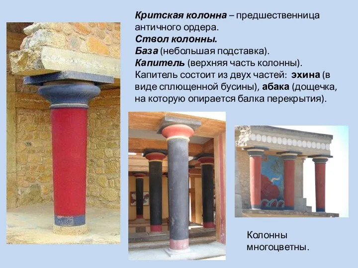 Критская колонна – предшественница античного ордера. Ствол колонны. База (небольшая подставка). Капитель